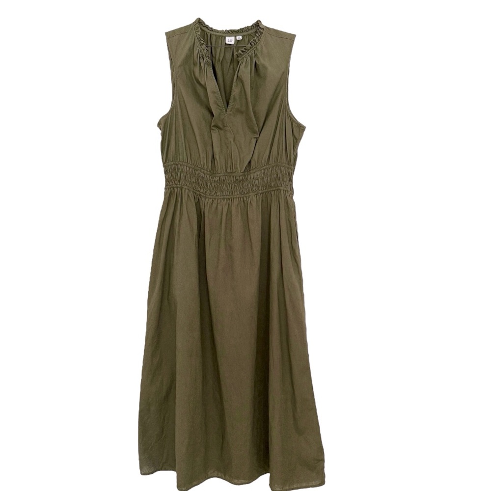 Linen Gap Maxi Olive Green Sleeveless 2 Pocket Dress Size XXL